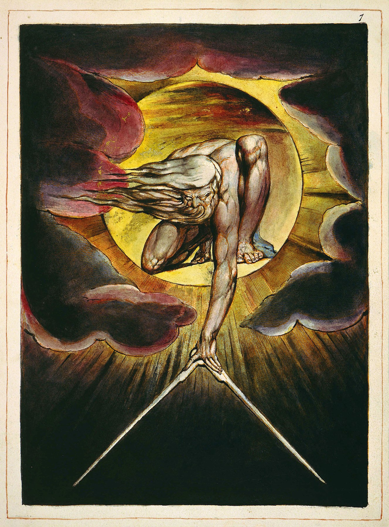 William Blake's The Ancient of Days, a figure leaning from a fiery sun with a compass